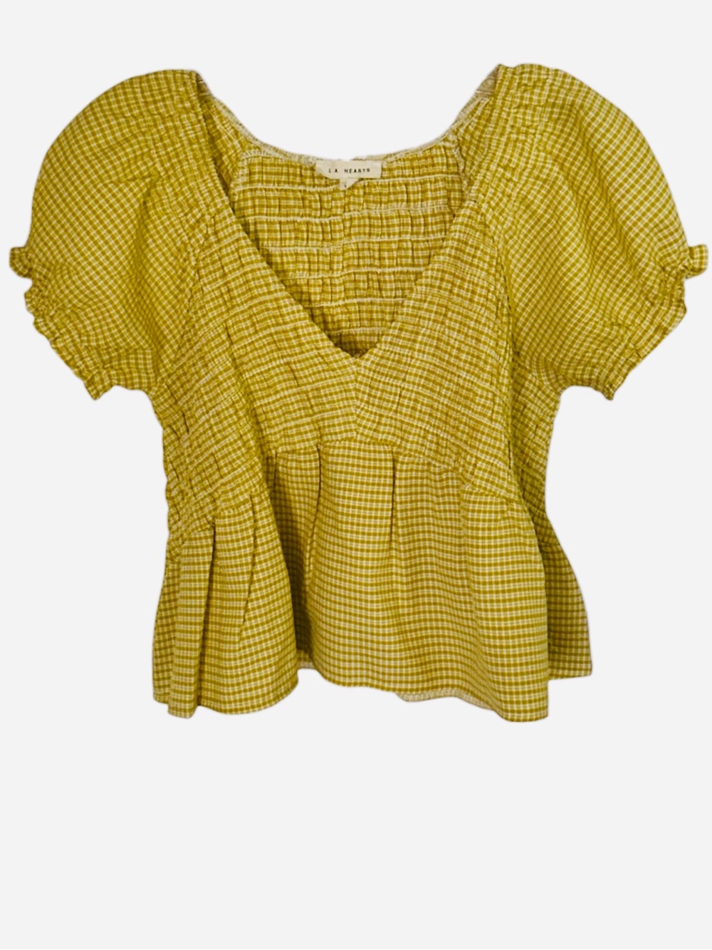 L. A. Hearts Smocked V-Neck Gingham Baby Doll Top sz. M